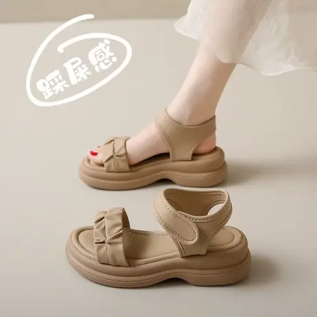 真皮中跟凉鞋女夏季一字带时装女鞋外穿百搭罗马凉鞋软底孕妇鞋子图片
