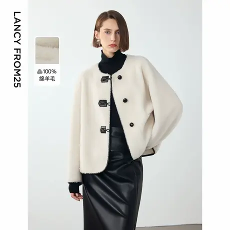 朗姿纯羊毛高级感气质设计感颗粒大衣外套女2024年冬季新款仿皮草图片