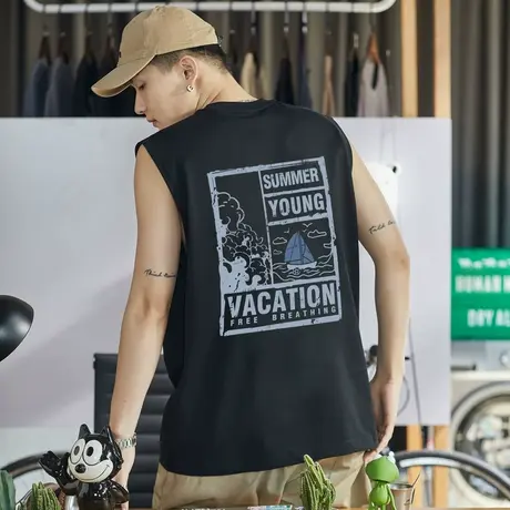 唐狮春夏新款男背心坎肩无袖T恤后背印花港风圆领上衣打底衫商品大图