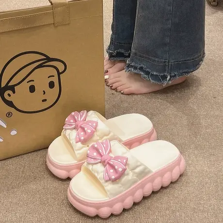 增高厚底凉拖鞋女夏季2025新款可爱波点蝴蝶结外穿沙滩防滑一字拖商品大图