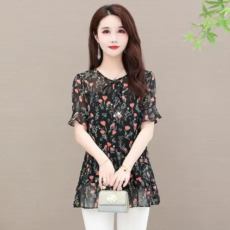夏季女装2023新款洋气雪纺衫女碎花短袖气质小衫宽松遮肚子上衣潮图片