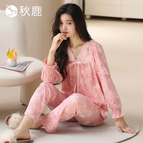 秋鹿绑带印花蕾丝V领纯棉睡衣秋季女款长袖长裤家居服女春秋套装商品大图