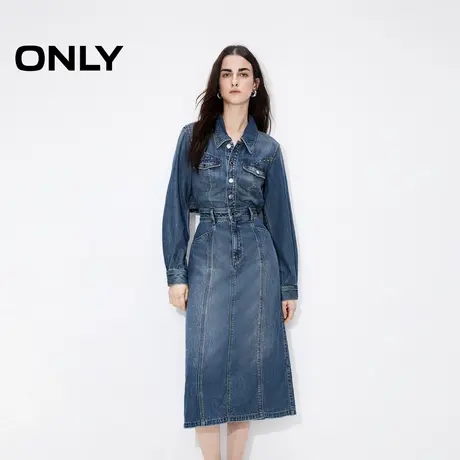 ONLY夏季气质复古春季穿搭磨白开叉中长款翻领牛仔连衣裙女图片