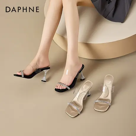 Daphne/达芙妮2025新款高跟凉鞋女外穿方头法式一字带透明凉拖鞋图片