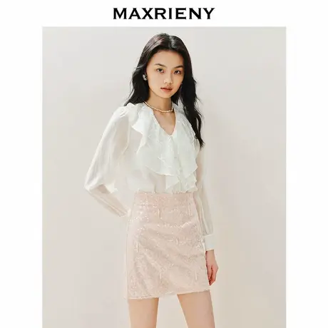 【奥莱】MAXRIENY复古宫廷风雪纺衫荷叶领上衣女修身显瘦图片