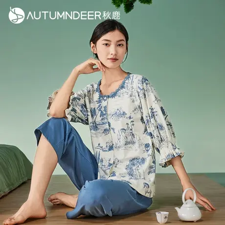 秋鹿【直播专享】睡衣女夏款新中式山水画丝滑棉七分袖长裤家居服商品大图