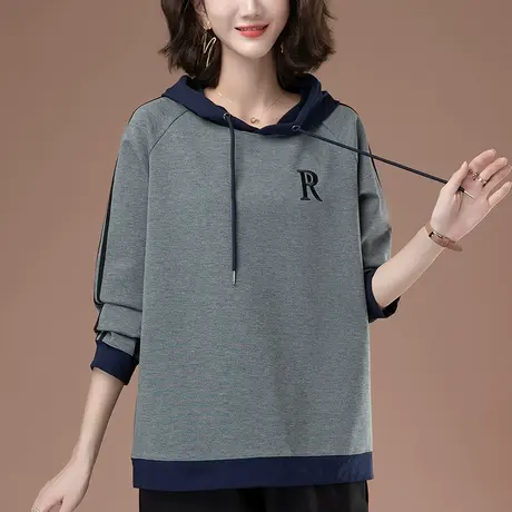 中年妈妈连帽卫衣女春秋季新款加肥加大码女装宽松休闲绣花上衣商品大图