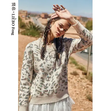 裂帛LIEBOFeng商场同款2023年春新款国潮时尚V领提花落肩长袖毛衣图片