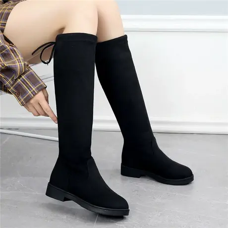绒面长筒靴女不过膝弹力瘦瘦靴高筒靴平底圆头长靴粗跟加绒骑士靴商品大图