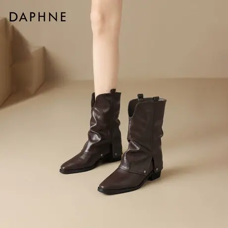 达芙妮棕色短靴女2025新款小众堆堆靴秋季厚底裤管尖头中筒马丁靴商品大图