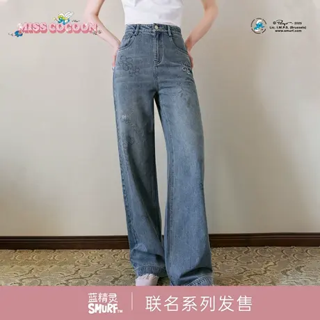 MISSCOCOON可可尼蓝精灵联名阔腿裤女2025秋季新款直筒棉牛仔裤图片