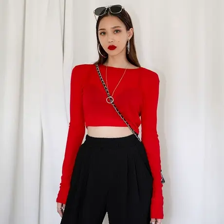 爵士舞T恤女秋短款露脐小心机上衣长袖修身性感微透针织衫潮jazz商品大图