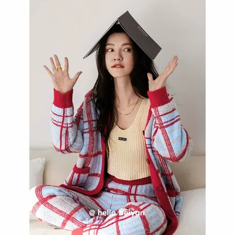 贝妍珊瑚绒睡衣女款秋冬季复古格子撞色家居服保暖半边绒大码套装商品大图