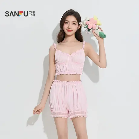 三福女秋季打褶吊带睡衣套装 甜美纯欲柔滑色丁料家居服504536商品大图
