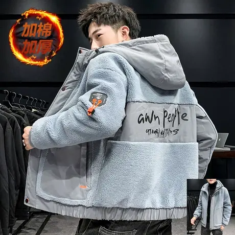 羊羔毛绒外套男士冬季加绒加厚潮流棉袄工装男装潮牌冬装棉衣棉服商品大图