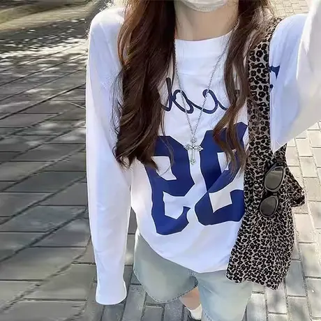 ins超火纯棉长袖T恤女春秋装宽松显瘦韩版内搭打底衫印花上衣体恤图片