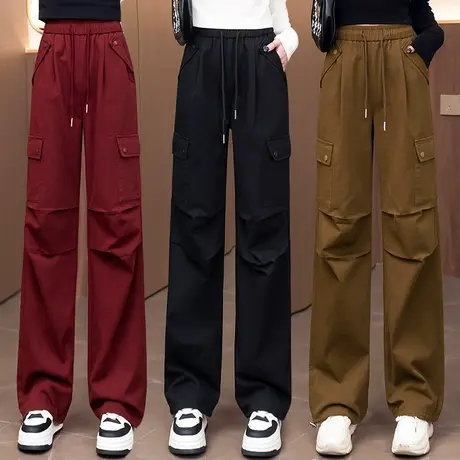拉夏贝尔阔腿工装裤女秋2025新款松紧高腰百搭大口袋休闲直筒裤子商品大图