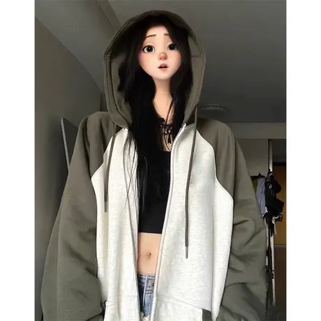 加绒加厚连帽开衫卫衣女春秋冬季百搭宽松显瘦拼接撞色外套上衣服商品大图