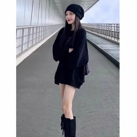 美式黑色圆领卫衣女秋冬季加绒加厚宽松显瘦休闲oversize长袖上衣商品大图