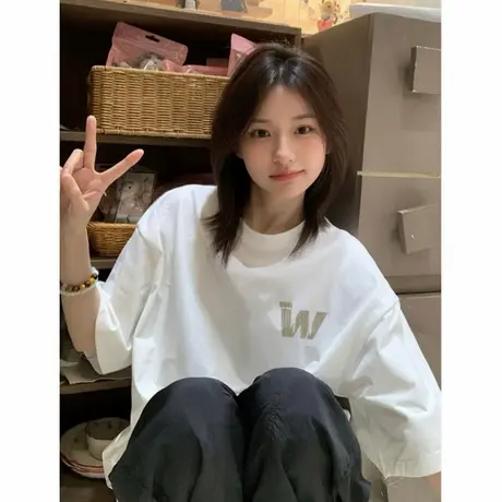 美式高街重磅短袖白色t恤女韩版宽松慵懒风设计感小众上衣情侣装图片