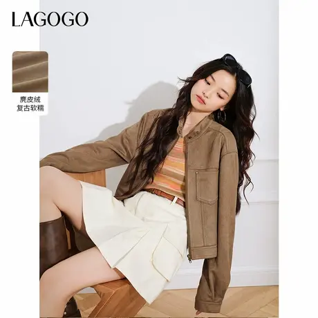 LAGOGO环保麂皮绒复古软糯短外套女拉谷谷春秋新款酷飒风休闲上衣商品大图
