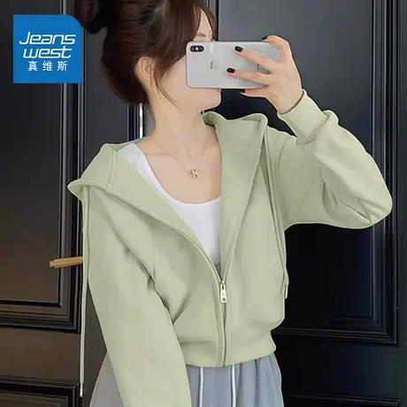 NOE真维斯短款开衫外套女2025新款秋冬季爆款青少年轻薄连帽卫衣商品大图