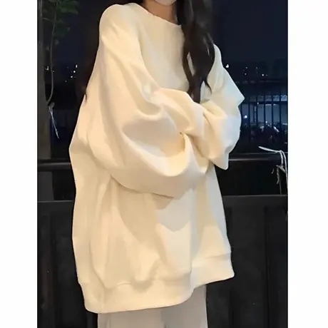 美式杏色圆领无帽卫衣女2025秋冬加绒加厚oversize慵懒风宽松上衣商品大图