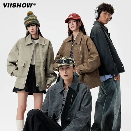 VIISHOW美式复古工装皮衣外套男款秋季新款休闲短款宽松夹克潮牌商品大图