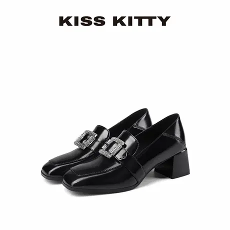 【呼呼专享】KISSKITTY黑色乐福鞋女新款小皮鞋粗跟女单鞋一脚蹬商品大图