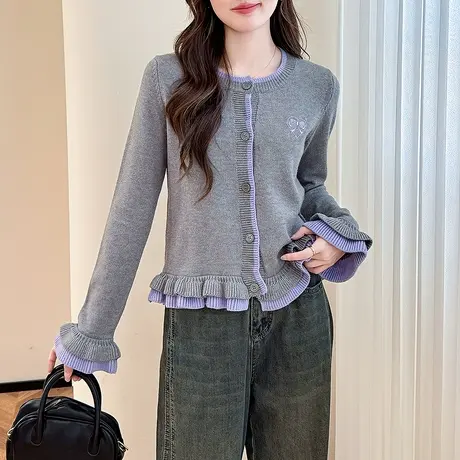 唐狮秋冬季毛衣女撞色荷叶边设计圆领开衫针织红色费尔岛外套TD商品大图