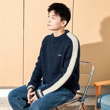 唐狮秋冬新款男生毛衣圆领撞色拼接美式复古潮流学生装上衣TE商品大图