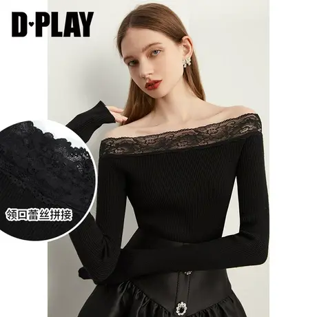DPLAY2022秋季新品优雅赫本风领口蕾丝拼接针织黑色一字领毛衣商品大图