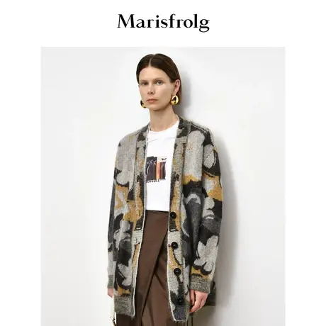 【商场同款】玛丝菲尔2023年秋季新款马海毛多色艺术印花针织开衫商品大图