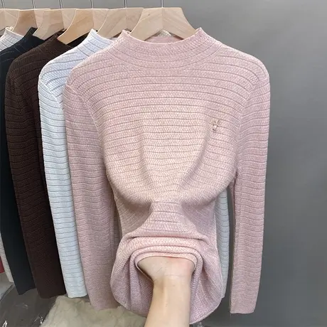 半高领毛衣女打底衫2023秋冬新款套头条纹外穿针织衫洋气内搭上衣商品大图