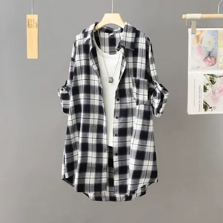 休闲格子衬衫外套女2023新款爆款秋季中长款宽松大码外搭衬衣开衫图片