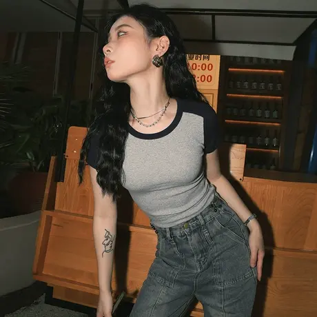 yep美式复古夏季字母短袖t恤辣妹紧身上衣设计感上衣潮牌短款女装商品大图