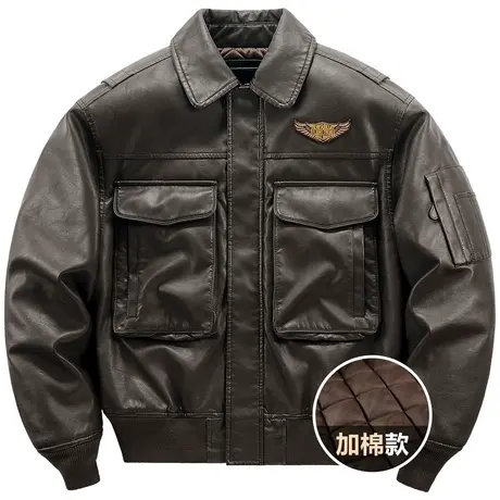 VIP翻领飞行员皮衣棉服男士冬季加厚工装外套美式复古机车服棉衣图片