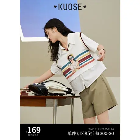 阔色设计感假两件彩条T恤白衬衫女2023新款夏季美式复古短袖上衣图片