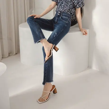 桔熊春夏季牛仔裤子女不规则裤脚毛边高腰修身微喇叭裤大码BA7081商品大图