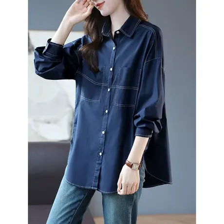 宝诗黎2024春秋季新款OL气质落肩长袖棉质衬衫女中长宽松开衫上衣商品大图
