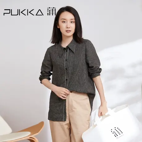 蒲PUKKA 格子衬衫女2023春装新款宽松休闲亚麻长袖设计感衬衣图片