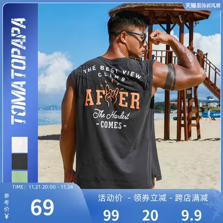 TOMATOPAPA欧美运动风复古手绘印花背心男士无袖T恤健身潮坎肩商品大图