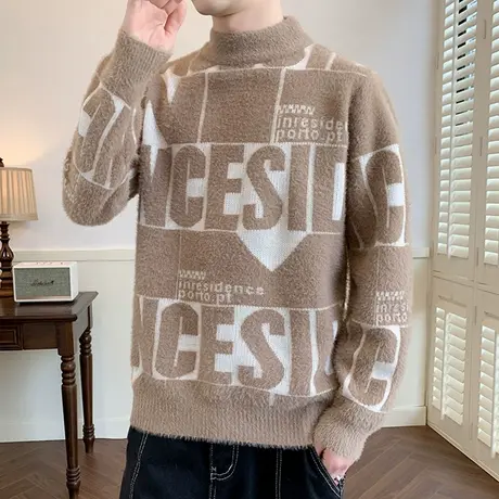 秋冬季半高领毛衣男士针织打底衫加厚青少年学生字母上衣保暖线衣商品大图