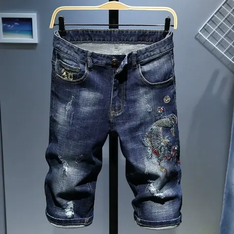 绣花中裤男士破洞牛仔短裤刺绣五分裤潮流韩版七分男裤子男马裤男商品大图