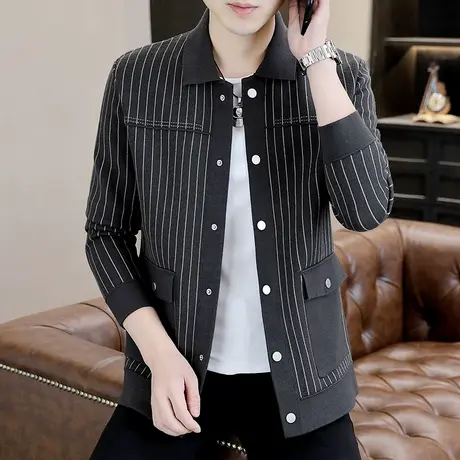 秋季针织衫夹克男商务休闲翻领条纹时尚男装高端开衫潮流毛衣外套图片