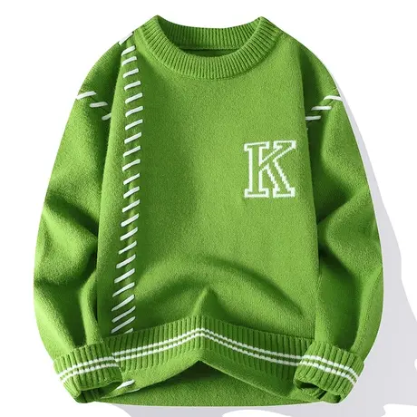 圆领毛衣男秋冬季新款加厚保暖打底针织衫青少年个性提花绿色线衣商品大图