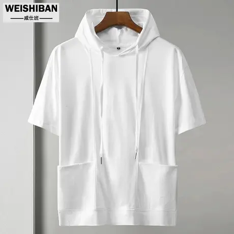 潮流连帽高棉短袖男卫衣高街宽松休闲运动帽衫夏季多袋薄款半袖男图片