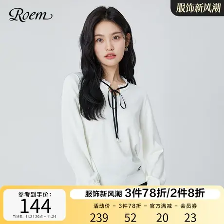 Roem淑女蕾丝系带领蝴蝶结花边领口针织衫女春秋新款韩版套头毛衫图片