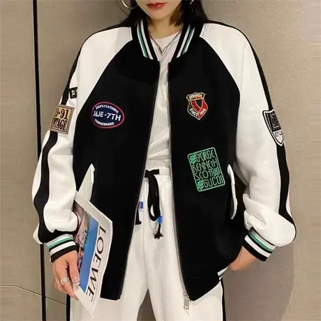 美式棒球服女2022春季新款韩版撞色显瘦百搭长袖上衣休闲时尚外套商品大图
