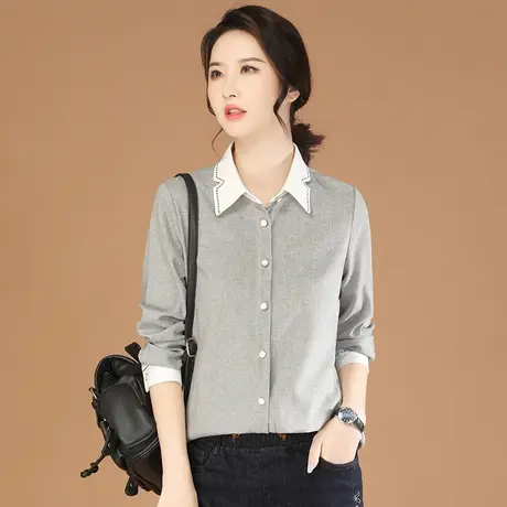 韩潮袭人法式高端拼接polo领长袖衬衫女士2024春季新款衬衣上衣图片